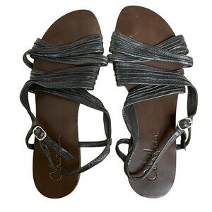 Cole Haan Leather Criss Cross Ankle Strap Flat Sandals Black Brown Sz 7.5